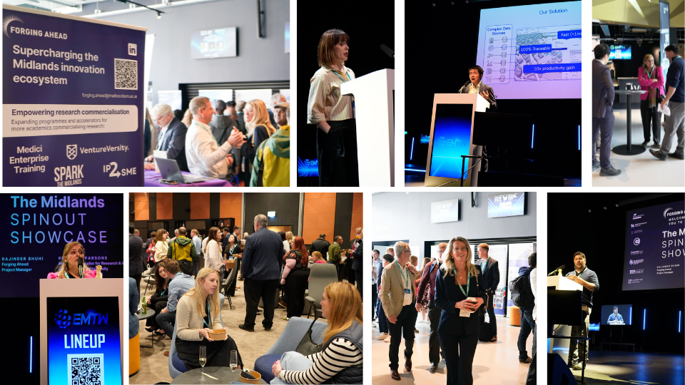 A collage of photos from the Midlands Spinout Showcase at East Mids Tech Week